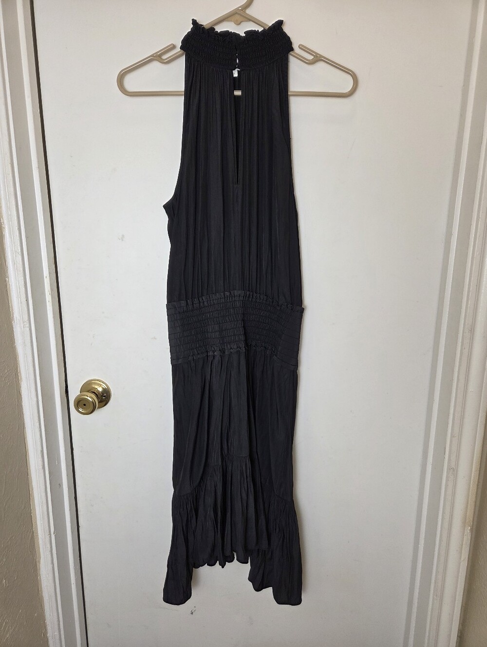 A.L.C. Cody Solid Black A-Line Dress Smocked Halter Sharkbite Hem Size 2